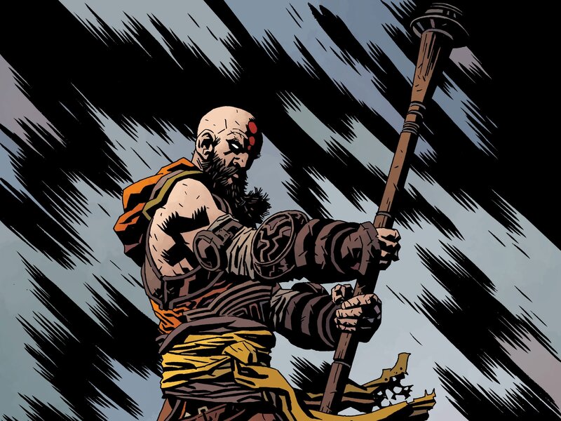 Bald Warrior with Staff — Brown