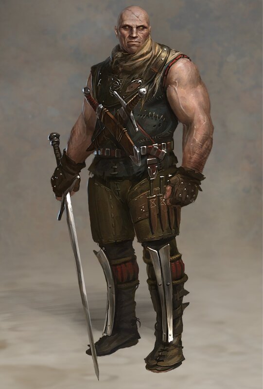 Bald Warrior with Sword — Brown, Dramatic, Digital Art