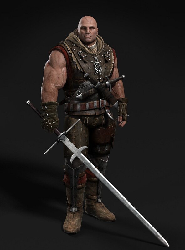 Bald Warrior with Sword — Brown, Serious