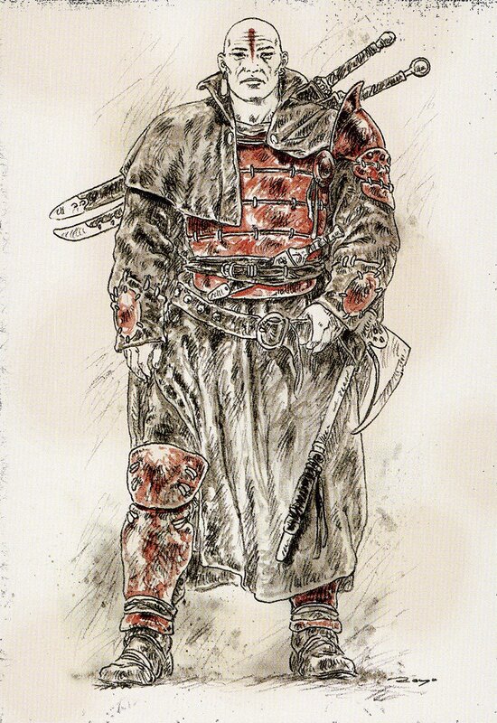 bald warrior with swords