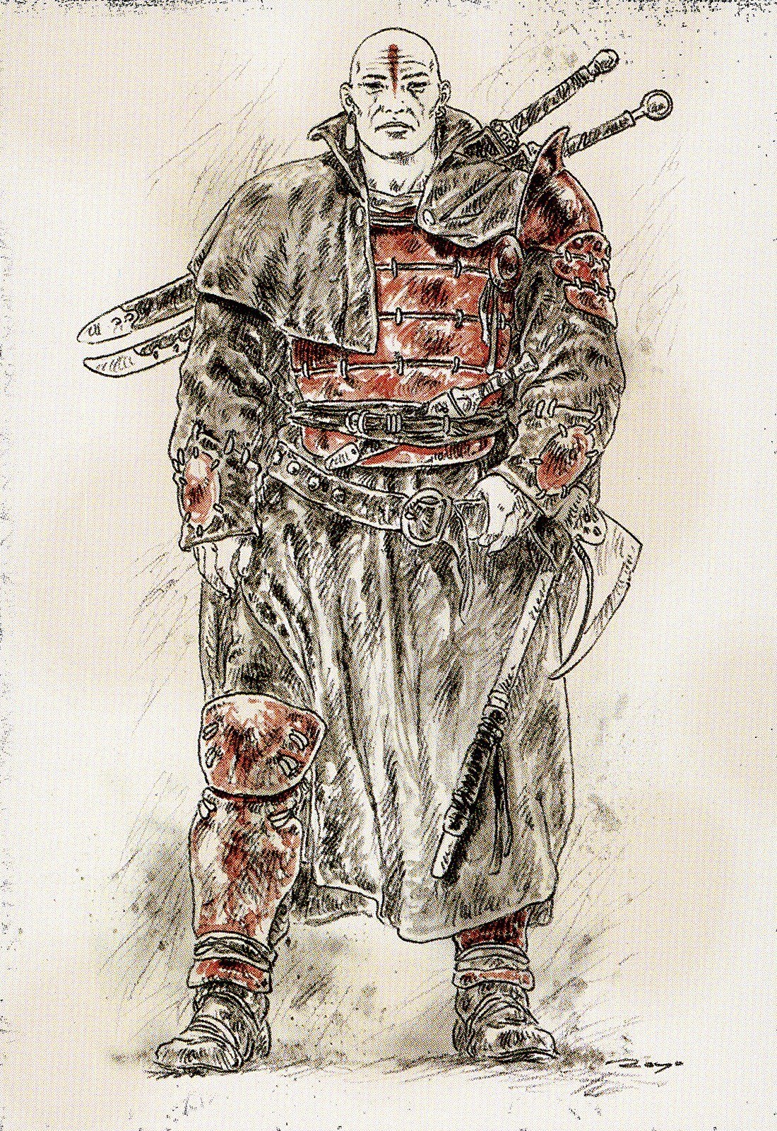 bald warrior with swords