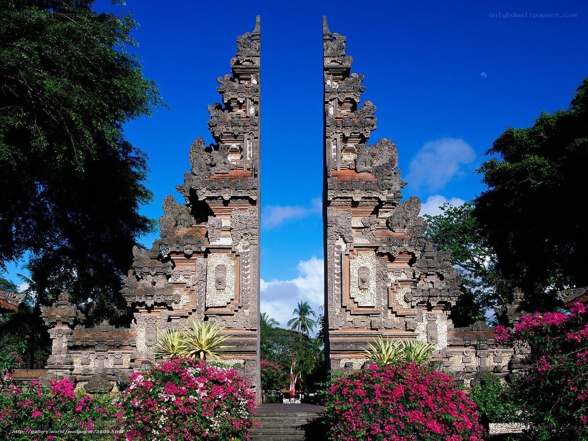 Bali temple gate with flowers