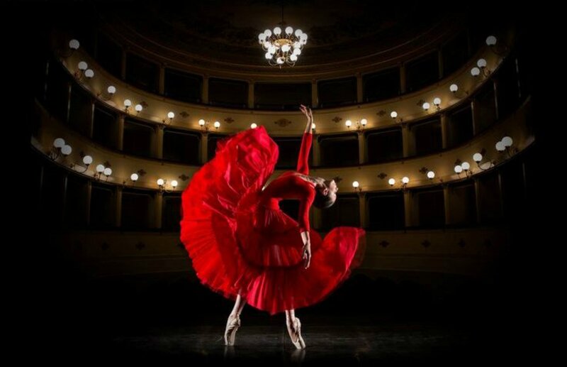 Ballerina in Red Dress — Dramatic, Night