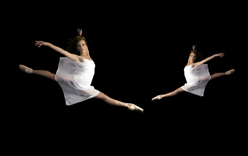 Ballet Dancer in Mid-air — White, Dramatic, Photograph