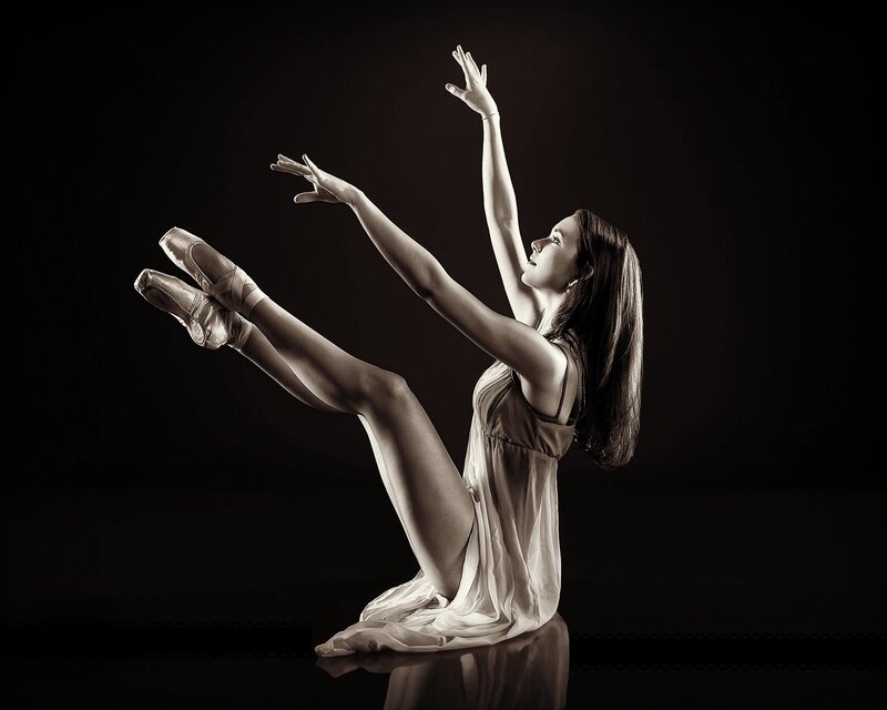 Ballet Dancer in Pose — Black, Dramatic, Photograph, Pointe Shoes, Dress