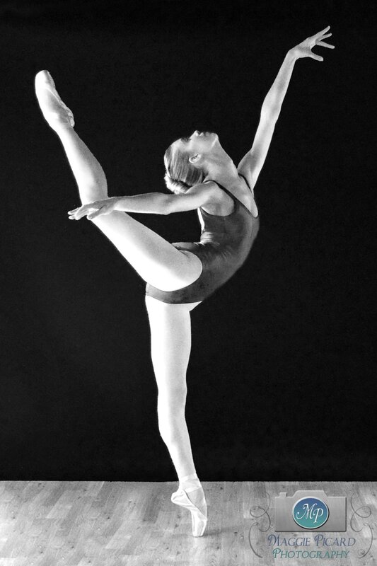 Ballet Dancer in Pose — Black, Dramatic, Photograph, Pointe Shoes, Leotard, Wood Floor