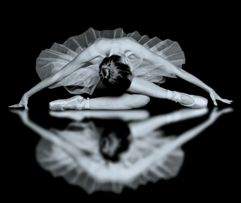 Ballet Dancer in Pose — Black, Dramatic, Photograph, Tutu, Pointe Shoes, Reflection