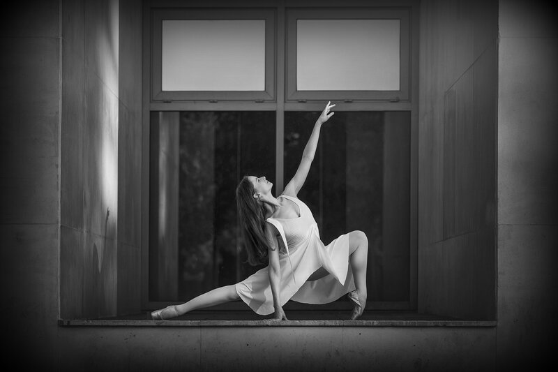 Ballet Dancer in Pose — Black, Dramatic, Photograph, Window