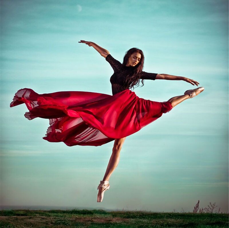Ballet Dancer in Red Dress — Dramatic, Afternoon