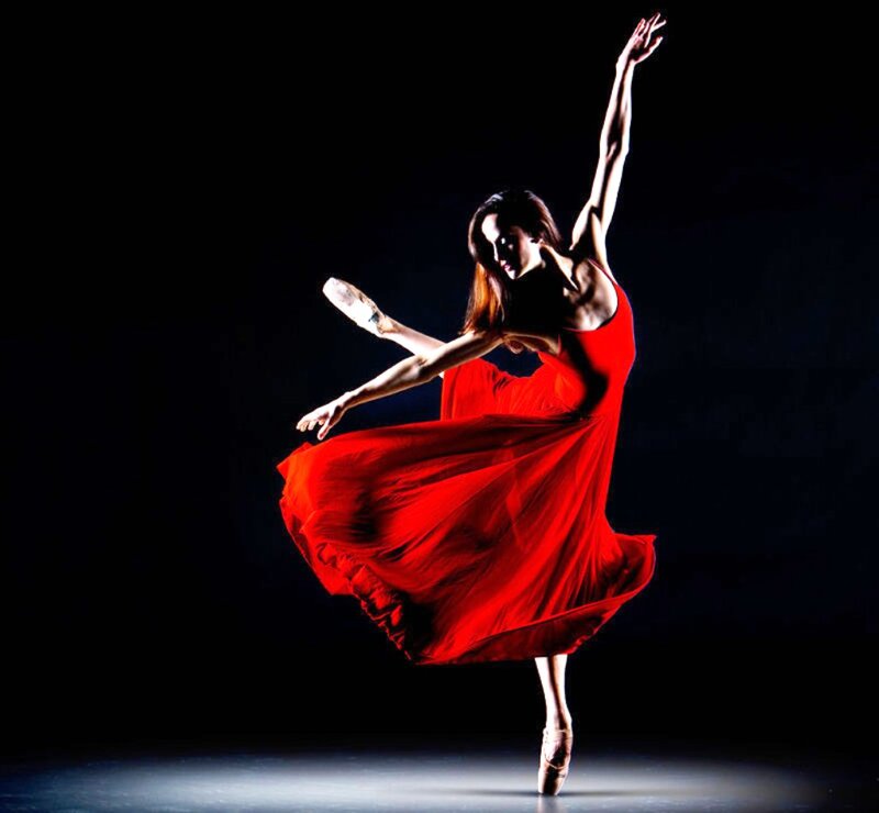 Ballet Dancer in Red Dress — Dramatic, Night