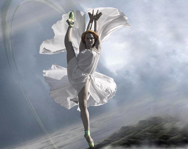 Ballet Dancer in White Dress — Dramatic, Photograph, Clouds