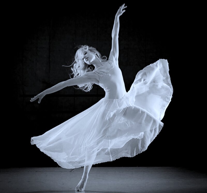 Ballet Dancer in White Dress — Dramatic, Photograph, Stage