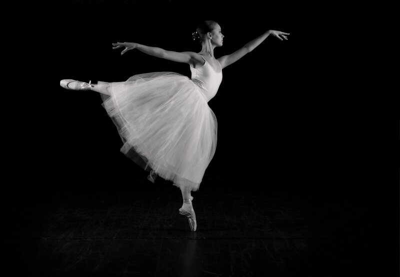 Ballet Dancer in White Tutu — Black, Dramatic, Photograph