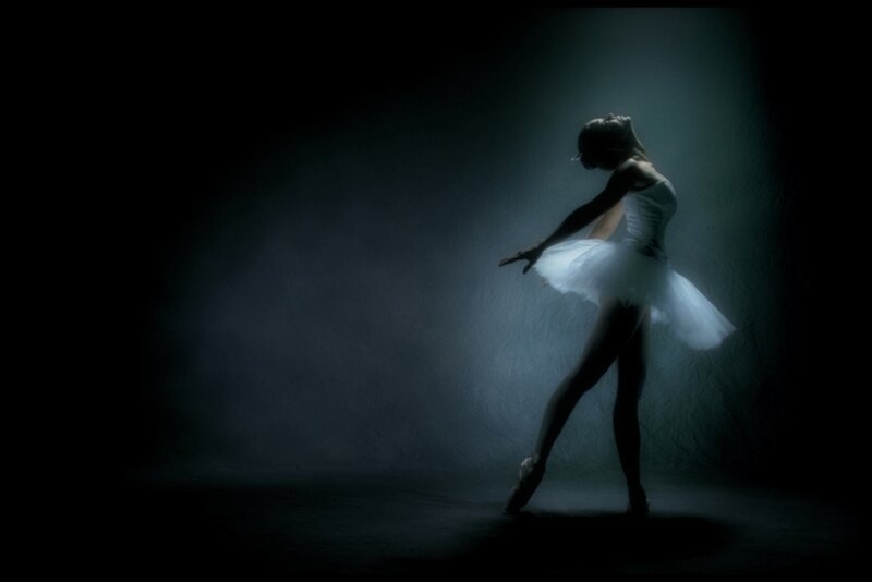 Ballet Dancer in White Tutu — Dramatic, Night