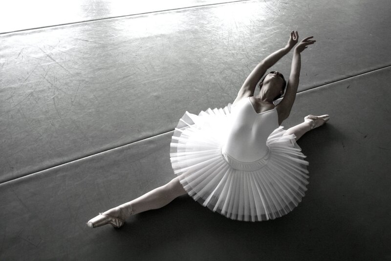 Ballet Dancer in White Tutu — Dramatic, Photograph, Pointe Shoes, Floor