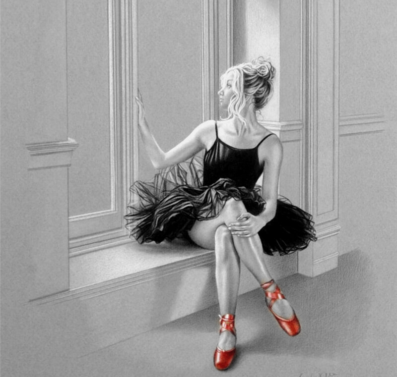 Ballet Dancer Sitting — Black, Contemplative, Illustration