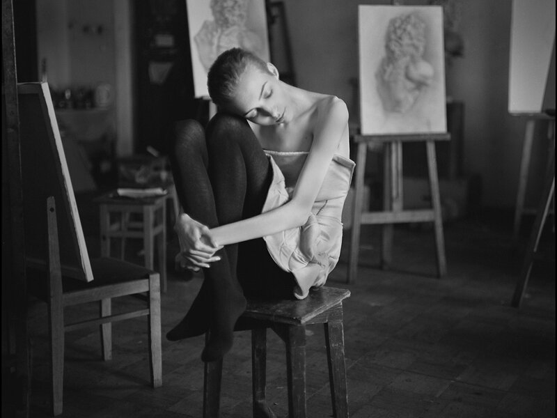 Ballet Dancer Sitting — Black, Contemplative, Photograph