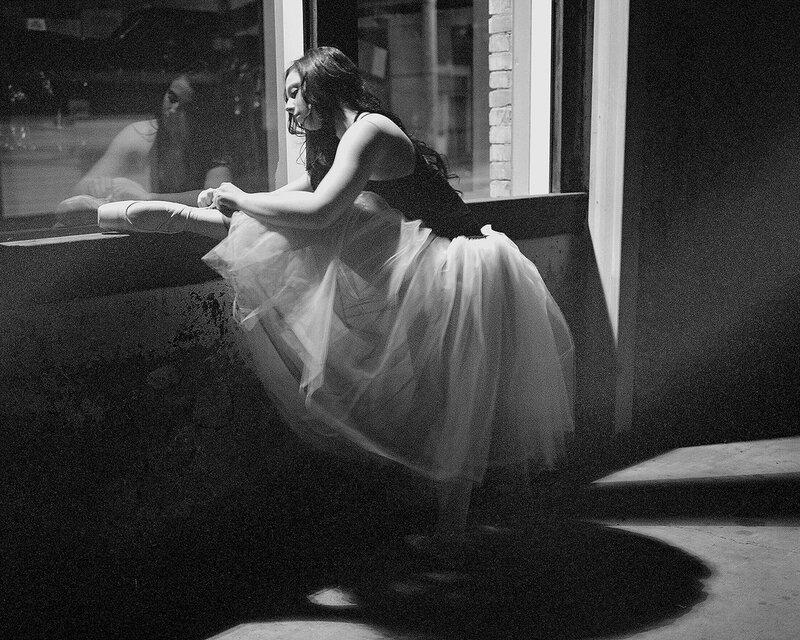 Ballet Dancer Sitting — Black, Dramatic, Night, Photograph