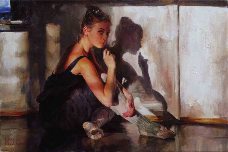 Ballet Dancer Sitting — Black, Dramatic, Painting
