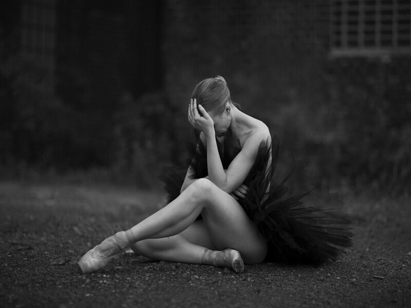 Ballet Dancer Sitting — Black, Dramatic, Photograph