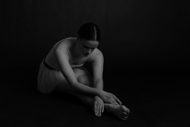 Ballet Dancer Sitting — Black, Dramatic, Photograph, Tutu, Floor