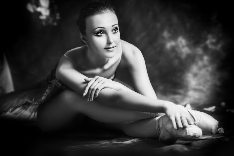 Ballet Dancer Sitting — Black, Dramatic, Photograph, Tutu, Pointe Shoes
