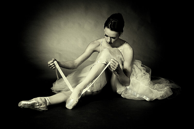 Ballet Dancer Sitting — Black, Dramatic, Photograph, Tutu
