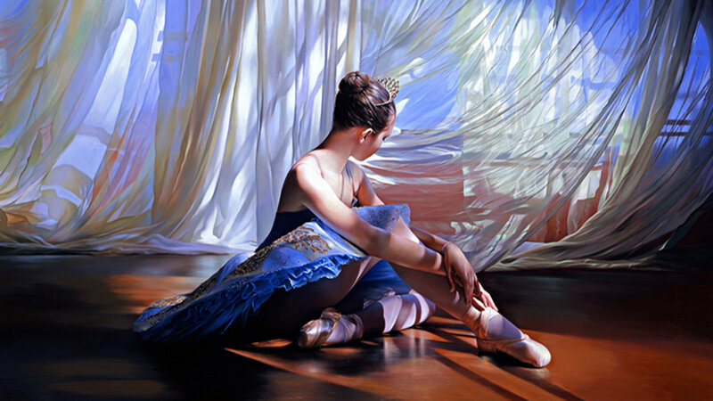 Ballet Dancer Sitting — Blue, Dramatic, Painting