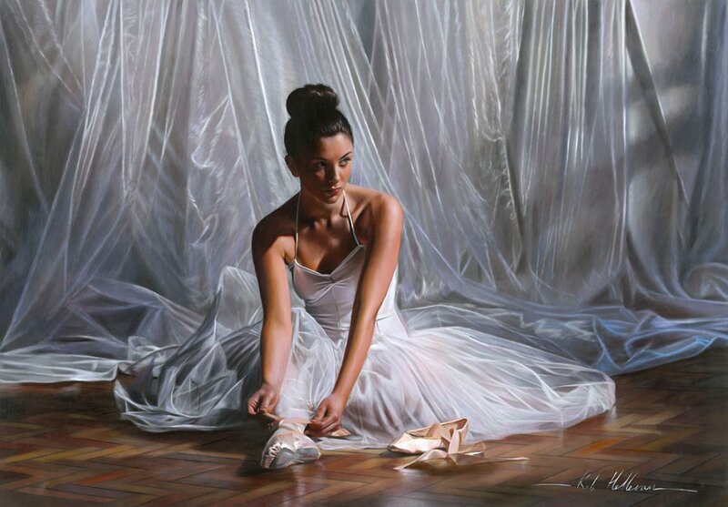 Ballet Dancer Sitting — White, Dramatic, Painting