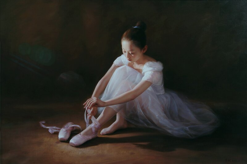 Ballet Dancer Sitting — White, Serene, Painting