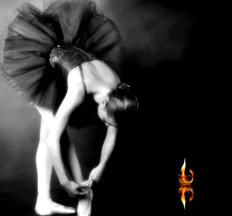 Ballet Dancer Tying Shoes — Black, Dramatic