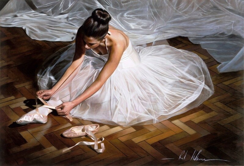 Ballet Dancer Tying Shoes — White, Calm