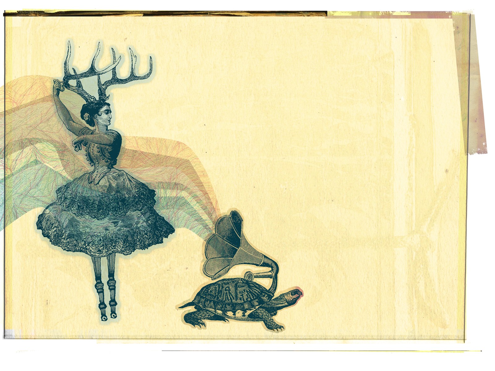 ballet dancer with antlers and turtle gramophone