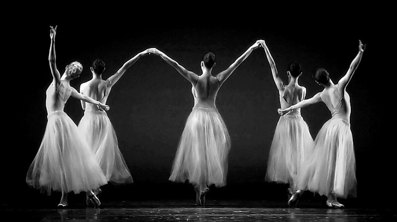 Ballet Dancers on Stage — Black, Dramatic, Night, Photograph, Tutus