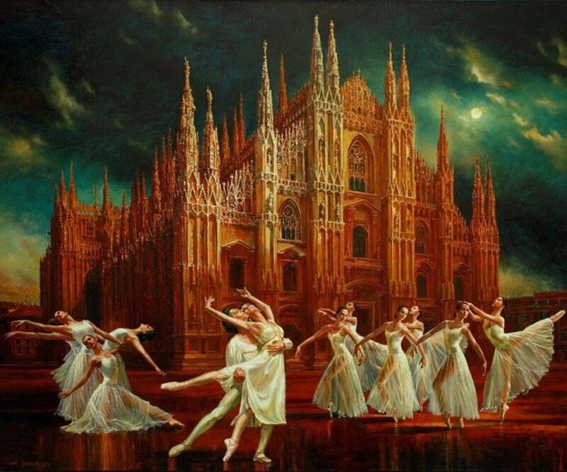 Ballet Dancers on Stage — White, Dramatic, Night, Painting
