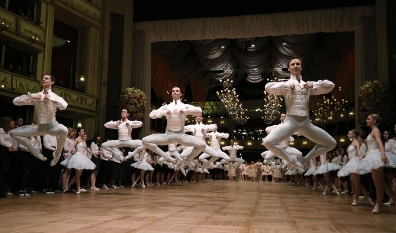 Ballet Dancers on Stage — White, Dramatic, Night, Photograph