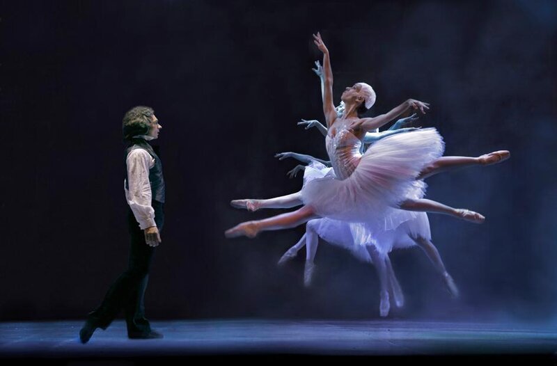 Ballet Dancers on Stage — White, Dramatic, Night