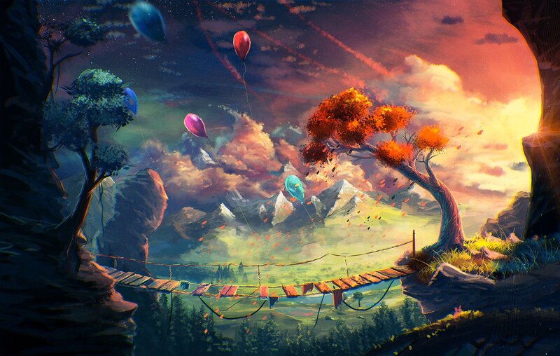 Balloons Floating over Bridge — Orange
