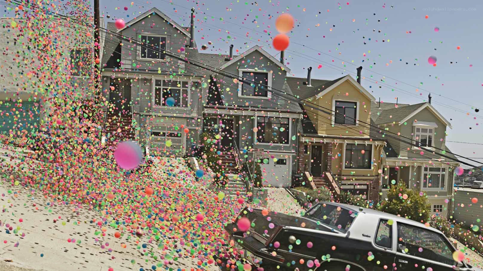 Balloons over a residential street