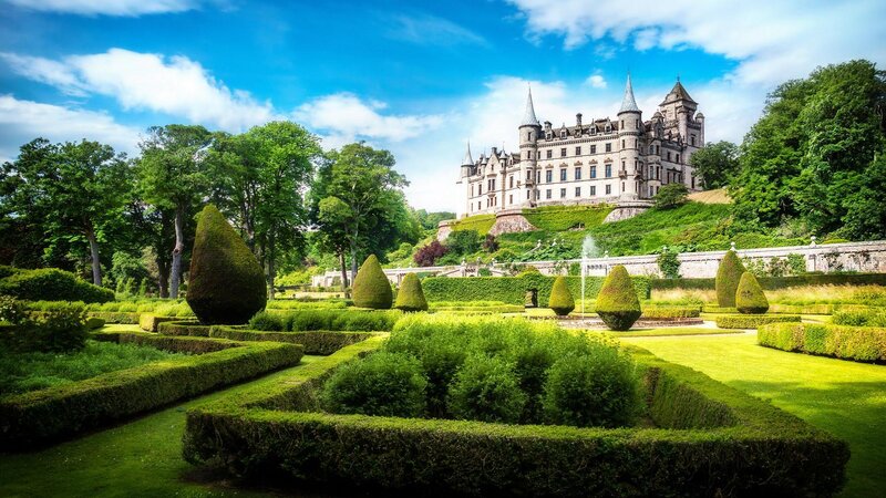 Balmoral Castle — Green, Serene, Afternoon, Photograph, Gardens, Trees, Fountain
