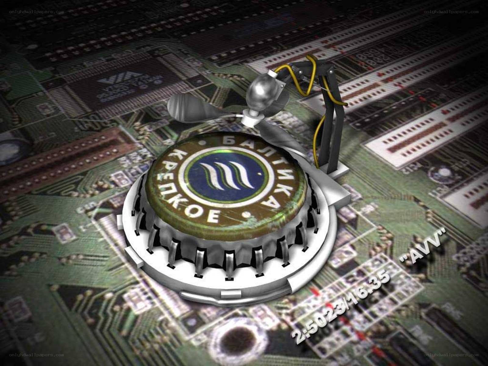 Baltika beer cap on circuit board