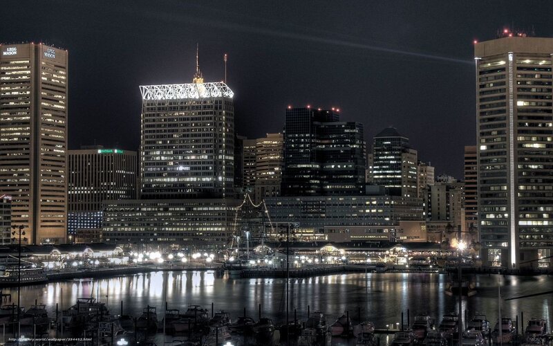 Baltimore Skyline at Night — Black, Dramatic, Photograph, Skyscrapers, Harbor