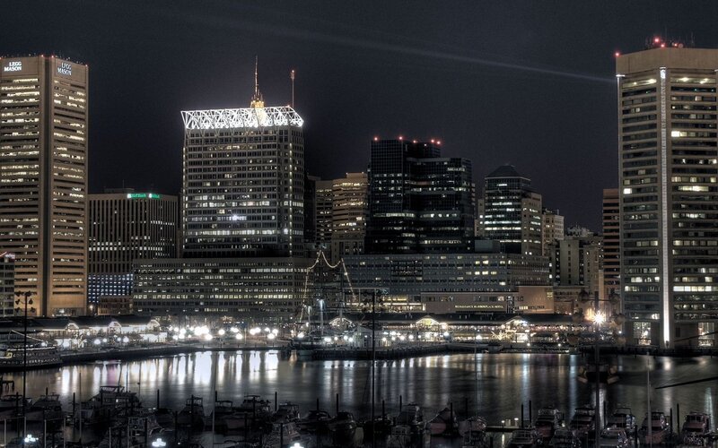 Baltimore Skyline at Night — Black, Dramatic, Photograph, Skyscrapers