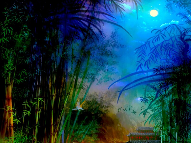 Bamboo Forest at Night — Blue, Serene, Digital Art, Moon