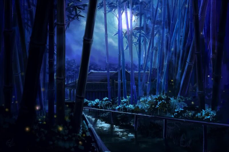 Bamboo Forest at Night — Blue, Serene, Digital Art
