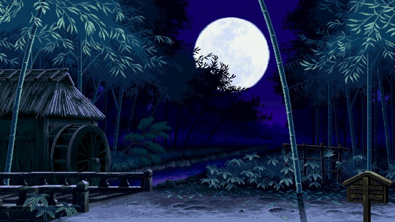 Bamboo Forest at Night — Blue, Serene, Pixel Art
