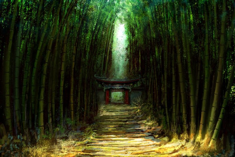 Bamboo Forest Path — Green, Serene, Afternoon, Digital Art