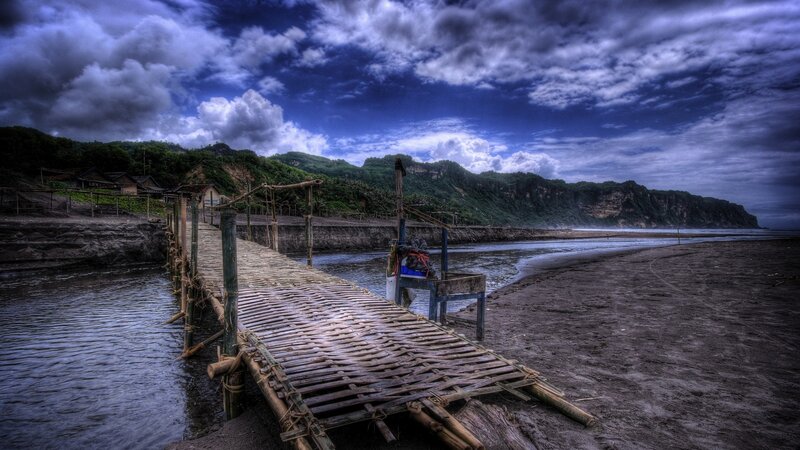 Bamboo Pier on Beach — Blue
