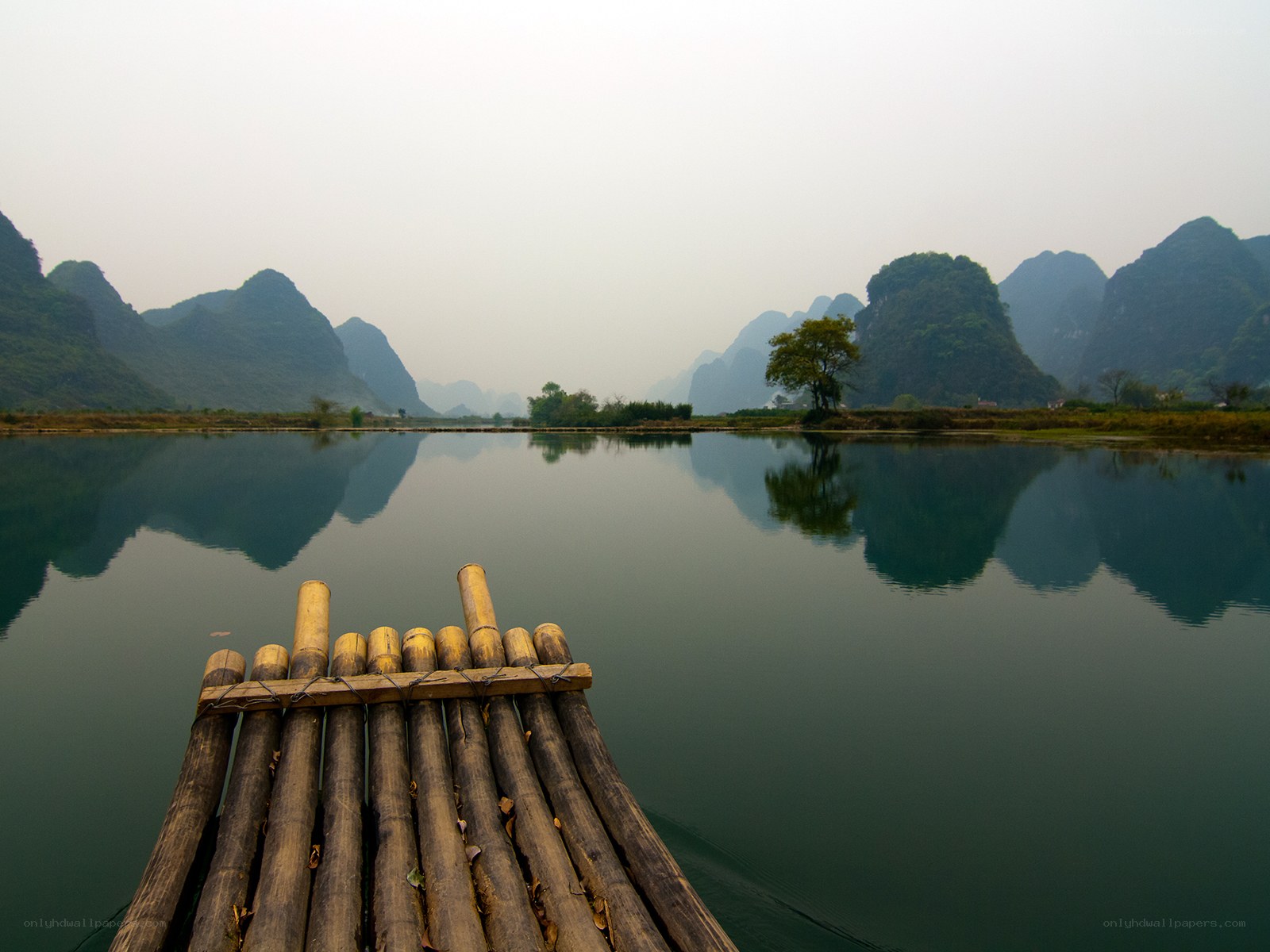 bamboo raft on a calm river