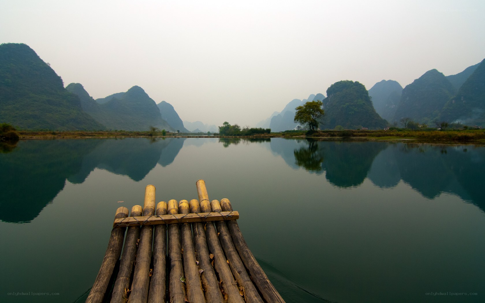 bamboo raft on a calm river